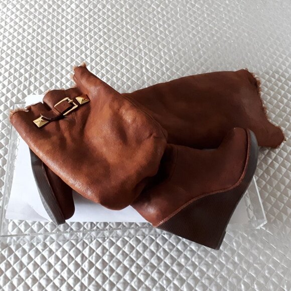NWT MICHAEL Michael Kors brown distressed faux suede & faux fur lined long boots - Picture 10 of 15